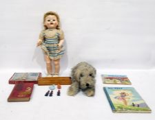 Box of assorted children's toys to include a hard plastic  walking talking doll dressed in a blue