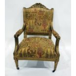 19th century gilt gesso open armchair, having foliate and ribbon pediment, raised guilloche ornament