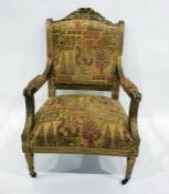 19th century gilt gesso open armchair, having foliate and ribbon pediment, raised guilloche ornament