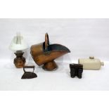 Various items including copper jelly moulds, oil lamp, pair of binoculars, stoneware hot water