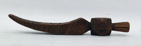 18th century chipcarved treen knitting stick, finely carved with geometric decoration, initials