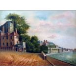 H E Locke Oil on panel  Waterside town scene with Old Tower Inn in foreground, signed and dated