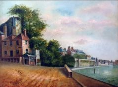 H E Locke Oil on panel  Waterside town scene with Old Tower Inn in foreground, signed and dated