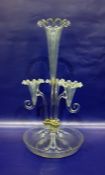 Clear glass epergne centrepiece, the circular bowl set with a central trumpet and three smaller