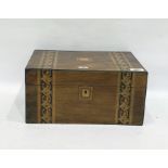 Victorian walnut workbox of rectangular form with decorative coloured parquetry bands, with fitted