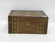 Victorian walnut workbox of rectangular form with decorative coloured parquetry bands, with fitted