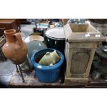 Stone square chimney pot together with jug on metal stand, stone Buddha, etc