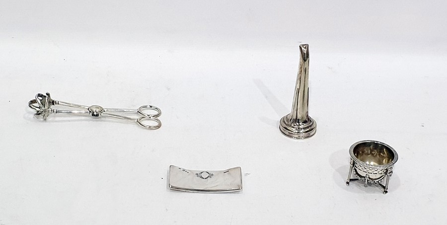 Silver visiting card case, a silver mustard pot, a plated wine funnel and plated ice tongs