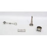 Silver visiting card case, a silver mustard pot, a plated wine funnel and plated ice tongs