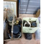 Assorted household items to include oil lamps, basket, metal weight, a vintage vapo-cresolene bottle