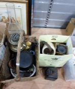 Assorted household items to include oil lamps, basket, metal weight, a vintage vapo-cresolene bottle