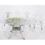 White painted circular garden table and six chairs ware and tear and appearance as expected with