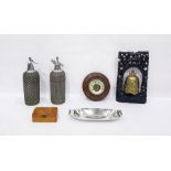 Various items to include pair of soda syphons, Eastern gong, aneroid barometer, souvenir box and a
