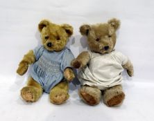 Beige plush bear with glass eyes and stiched nose, height 40cm and a brown plush bear with glass