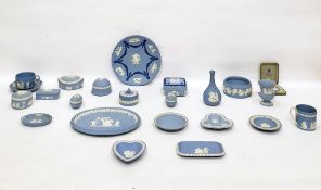 Large quantity of Wedgwood blue jasperware including boxes, cup and saucer, pin dishes, vase, plates