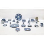 Large quantity of Wedgwood blue jasperware including boxes, cup and saucer, pin dishes, vase, plates