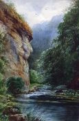 Unattributed Watercolour and bodycolour drawing  Mountain stream with rocks, signed indistinctly,