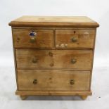 20th century pine chest of two short and two long drawers, to turned feet, 73.5cm