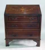 19th century mahogany and inlaid bureau of three drawers, to bracket feet