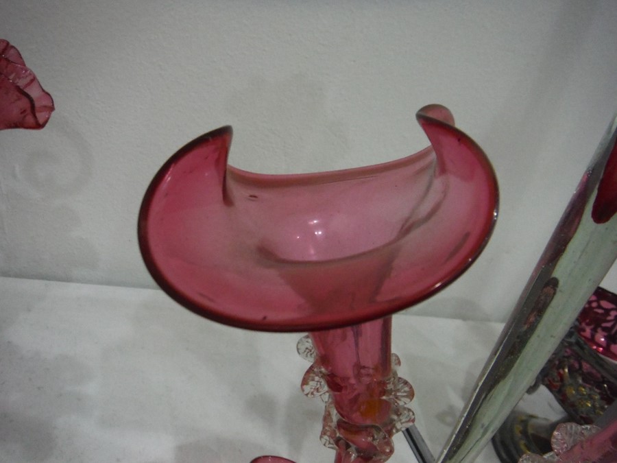 Pink glass epergne with three bowls as flowerheads, 55cm high  Central arm is tilting slightly to - Image 4 of 7