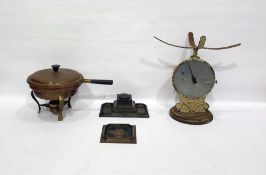 Quantity of metalware to include copper warming pan, pan on brass spirit base, brass inkstand,