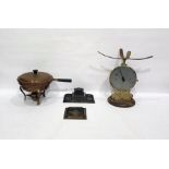 Quantity of metalware to include copper warming pan, pan on brass spirit base, brass inkstand,