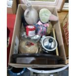 Box of assorted household items to include wooden thimble shelf, thimbles, picture of dog, CD