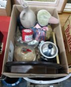 Box of assorted household items to include wooden thimble shelf, thimbles, picture of dog, CD