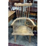 19th century Windsor wheelback elbow chair with outscroll arms, shaped top rail, bowed carver arm