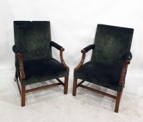 Pair Georgian style mahogany square-back open-arm library chairs, each in charcoal grey velvet
