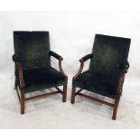 Pair Georgian style mahogany square-back open-arm library chairs, each in charcoal grey velvet