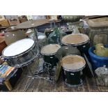 Part drum kit including snare, bass drums, 5 cymbals, two pedalsThe manufacture is marked as 2000