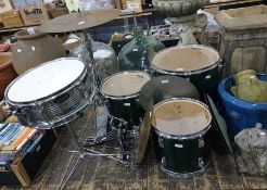 Part drum kit including snare, bass drums, 5 cymbals, two pedalsThe manufacture is marked as 2000