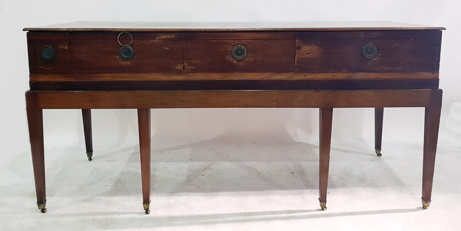 19th century mahogany square piano carcass converted to a sideboard, with three drawers, the whole