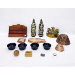Quantity of collectables to include copper jelly moulds, horse brasses, tollware, letter rack,