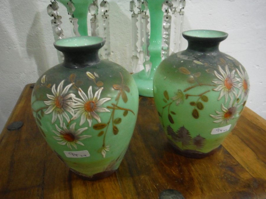 Pair of Victorian lustre vases, the green glass vases hung with cut glass lustres and a pair of - Image 3 of 4