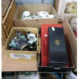 Three boxes of assorted ceramics and household items to include, chess set, Paragon 'Minuet' part