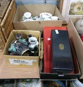 Three boxes of assorted ceramics and household items to include, chess set, Paragon 'Minuet' part