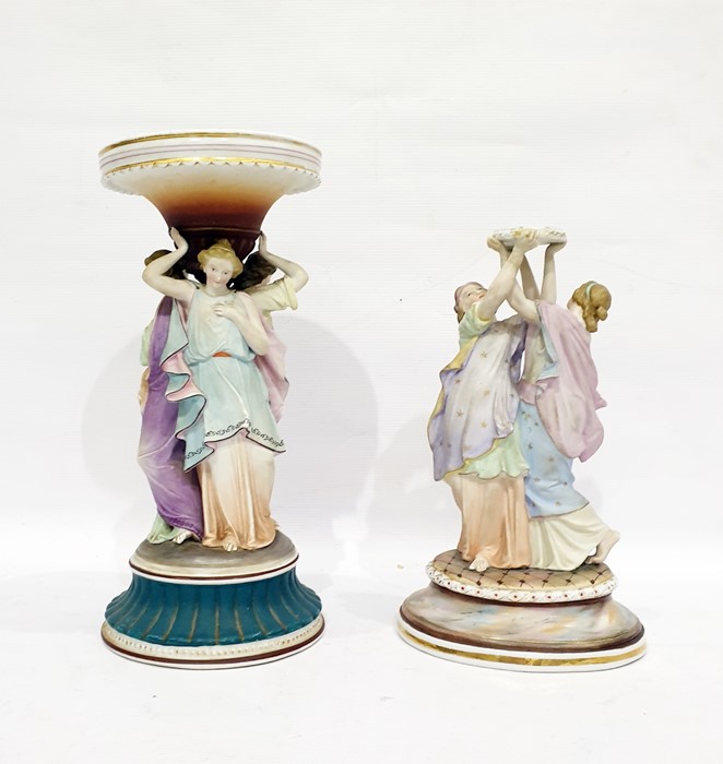 Late 19th/early 20th century coloured bisque porcelain centrepiece, the stem modelled with three