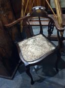 19th century mahogany and inlaid corner carver chair upon cabriole supports