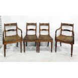 Pair of Regency style mahogany open arm elbow chairs with curved panel seats on turned tapering