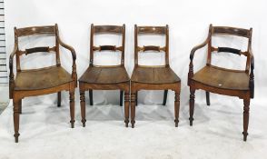 Pair of Regency style mahogany open arm elbow chairs with curved panel seats on turned tapering
