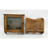 Oak single glazed door wall-hanging display cabinet enclosing shelves and a pine wall-hanging two-