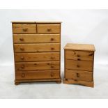 20th century pine chest of two short over four long drawers, to bun feet and a pine bedside chest of