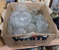 Box of assorted glassware to include glass vase, cake stand, etc