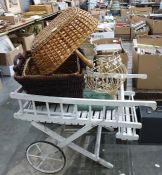 White painted florist's hand cart together with wicker baskets and a vintage style white painted
