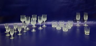 Quantity of drinking glasses including a set of six cut glass tumblers, wine glasses, sherry