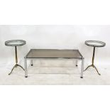 Pair of tripod tables with brass galleried circular mirrored tops upon brass and a modern