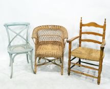 Three grey painted cane seated chairs, a rush-seated beech framed armchair and two wicker chairs (6)