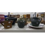 Collection of stoneware jugs, glazed earthenware plate and other items